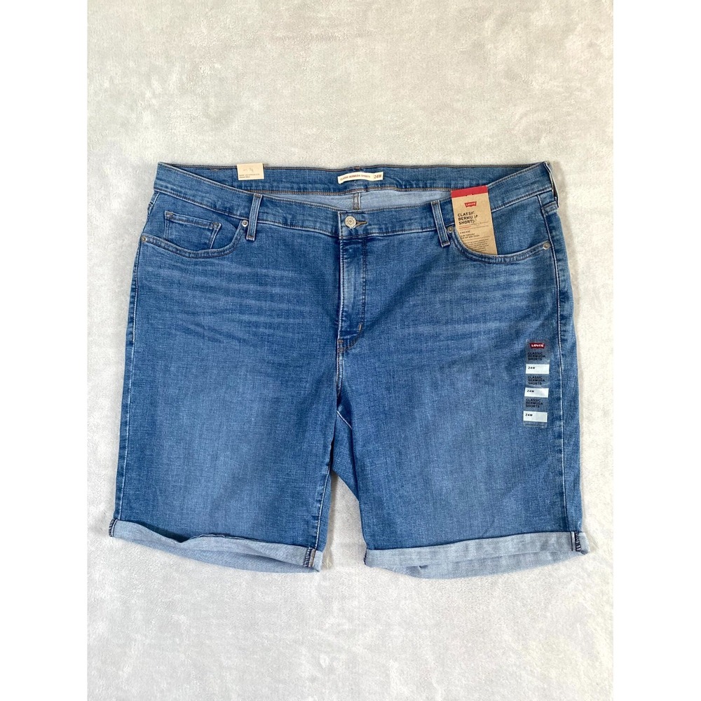 Levi's Classic Bermuda Shorts Womens 24W‎ Blue Denim Stretch Mid Rise Zip Fly